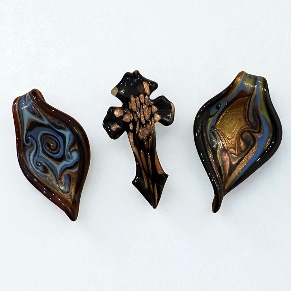 Vintage Dichroic Glass Lot Of 3 Teardrop and Cross Pendant Necklace